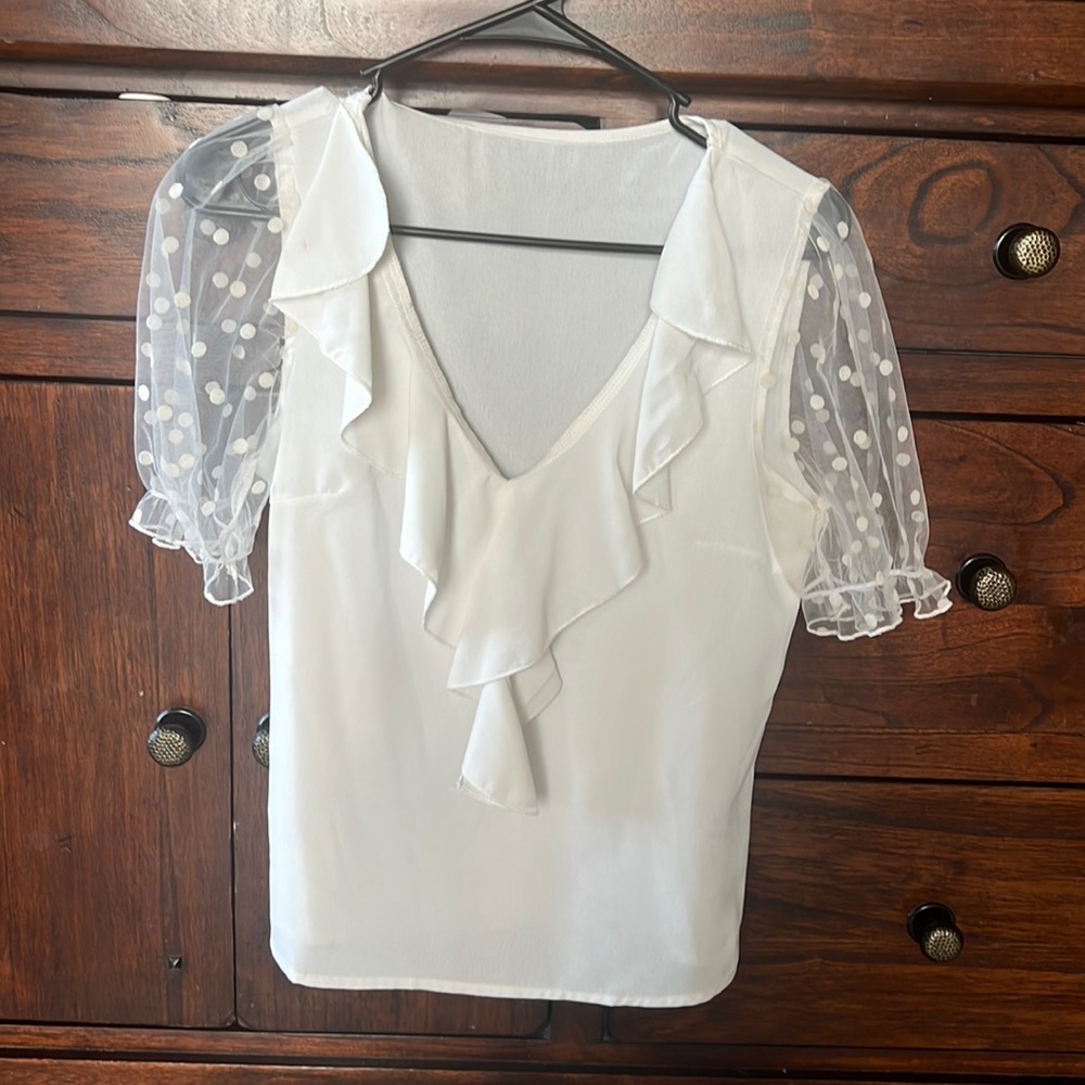 Sheer white, ruffled dress shirt for women